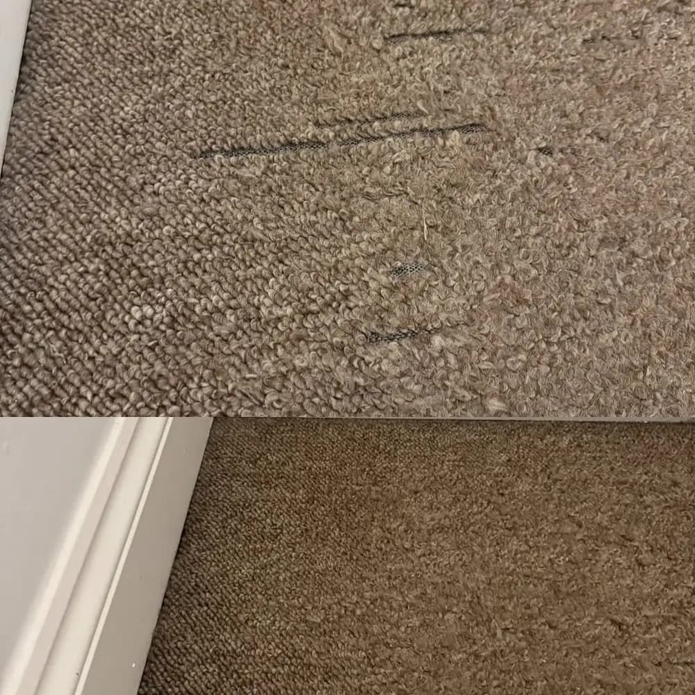 Two photographs of a household carpet: dark streaked marks across a matted pile above, and the same carpet clean with an even, lifted pile below