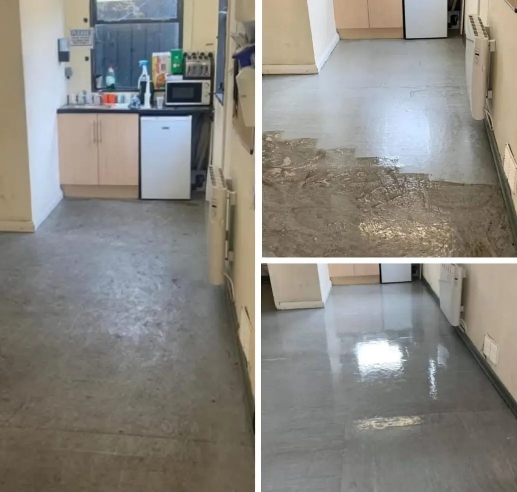 Three photographs of a communal kitchen floor: dull and marked before cleaning, heavy soil lifted to the surface during the clean, and a clean reflective finish afterwards