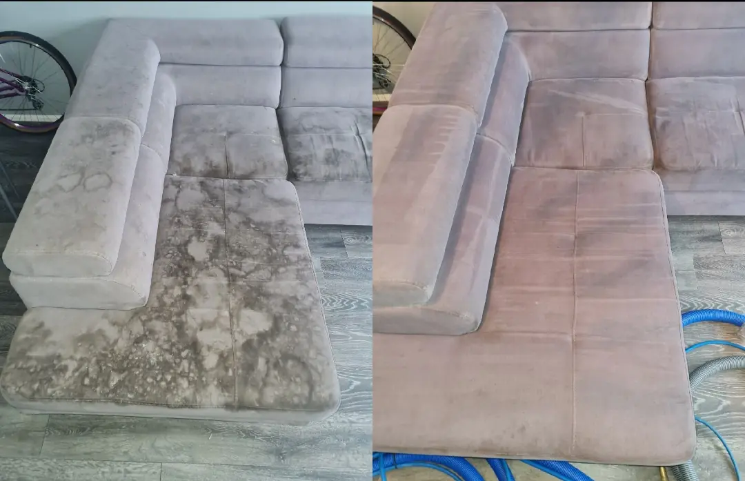 A grey fabric corner sofa photographed before cleaning with heavy dark soiling across the seat cushions, and after cleaning with an even, uniform surface